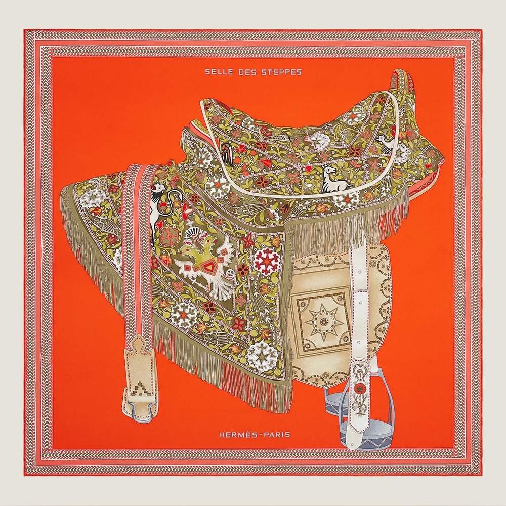 Hermes Orange Saddle Motif Silk Scarf